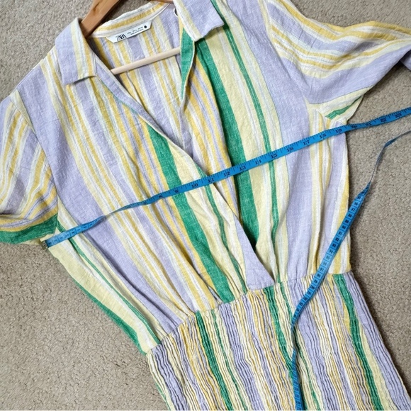 Zara Mini Dress Shirred Skirt Pastel Stripe Long Sleeve Cotton Mini Dress Large - Picture 10 of 15